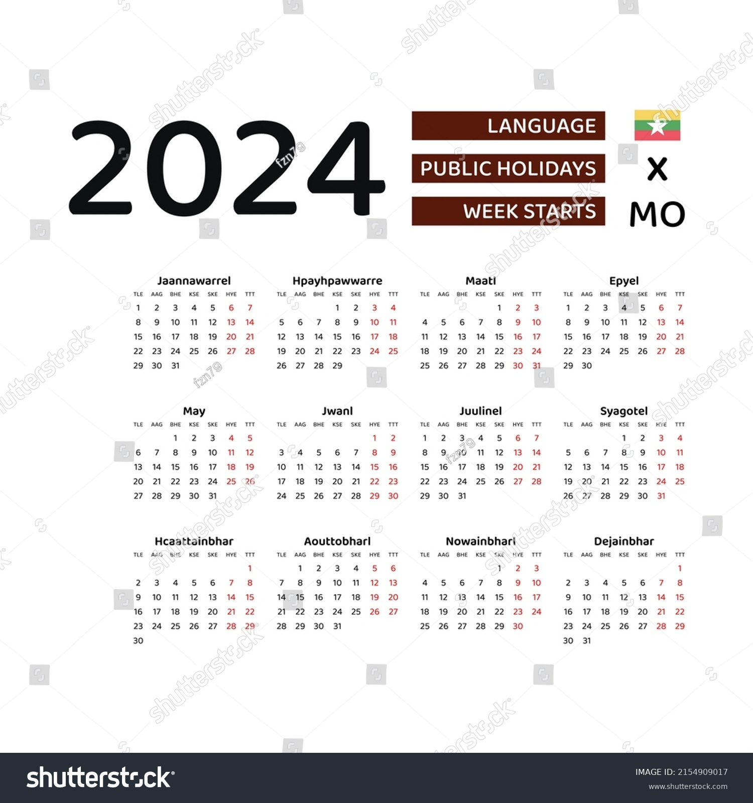 Myanmar Calendar 2024 Week Starts Monday Stock Vector (Royalty | Calendar 2024