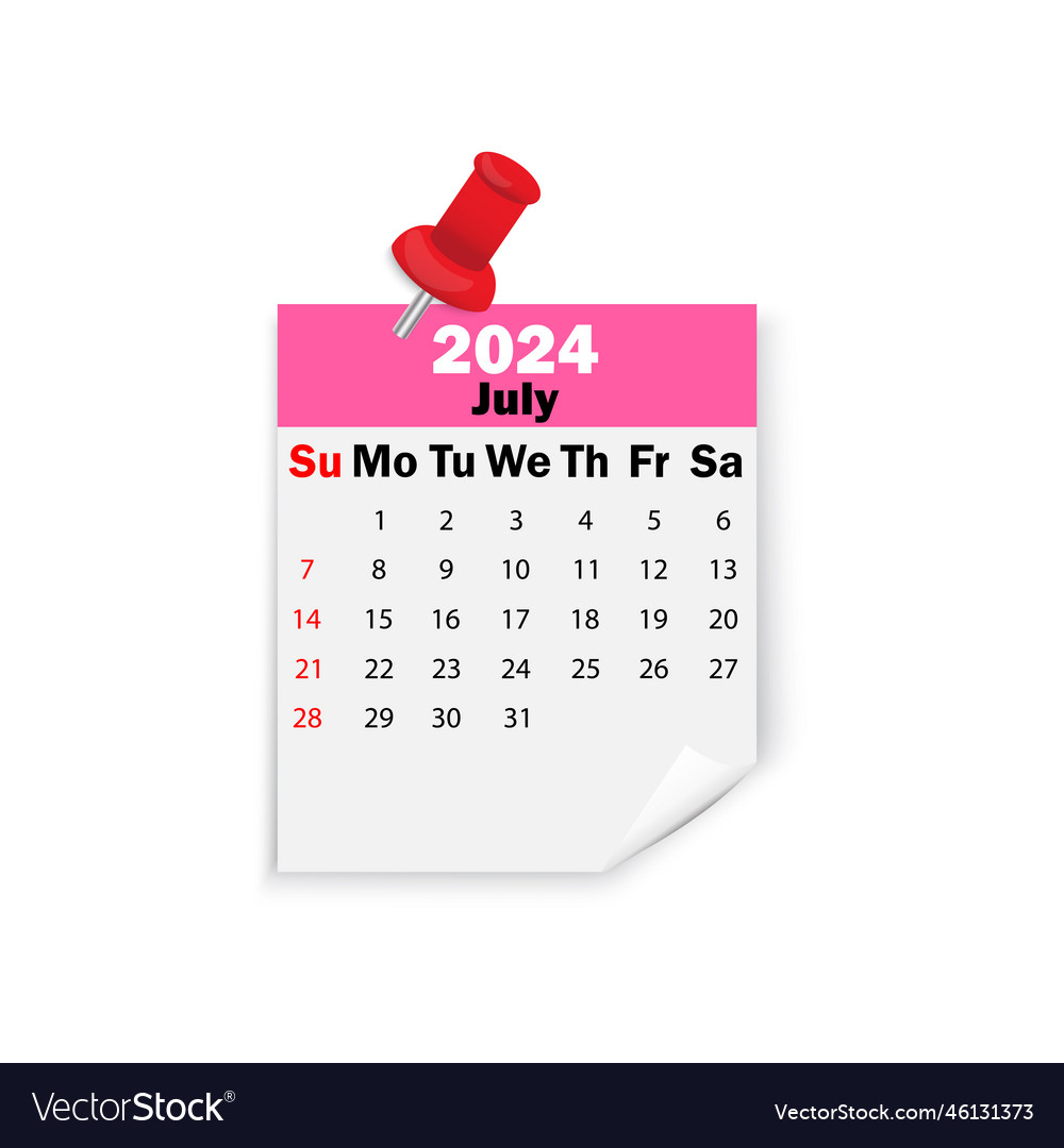 Pink Calendar 2024 July On Pin Royalty Free Vector Image | Pink July Calendar 2024