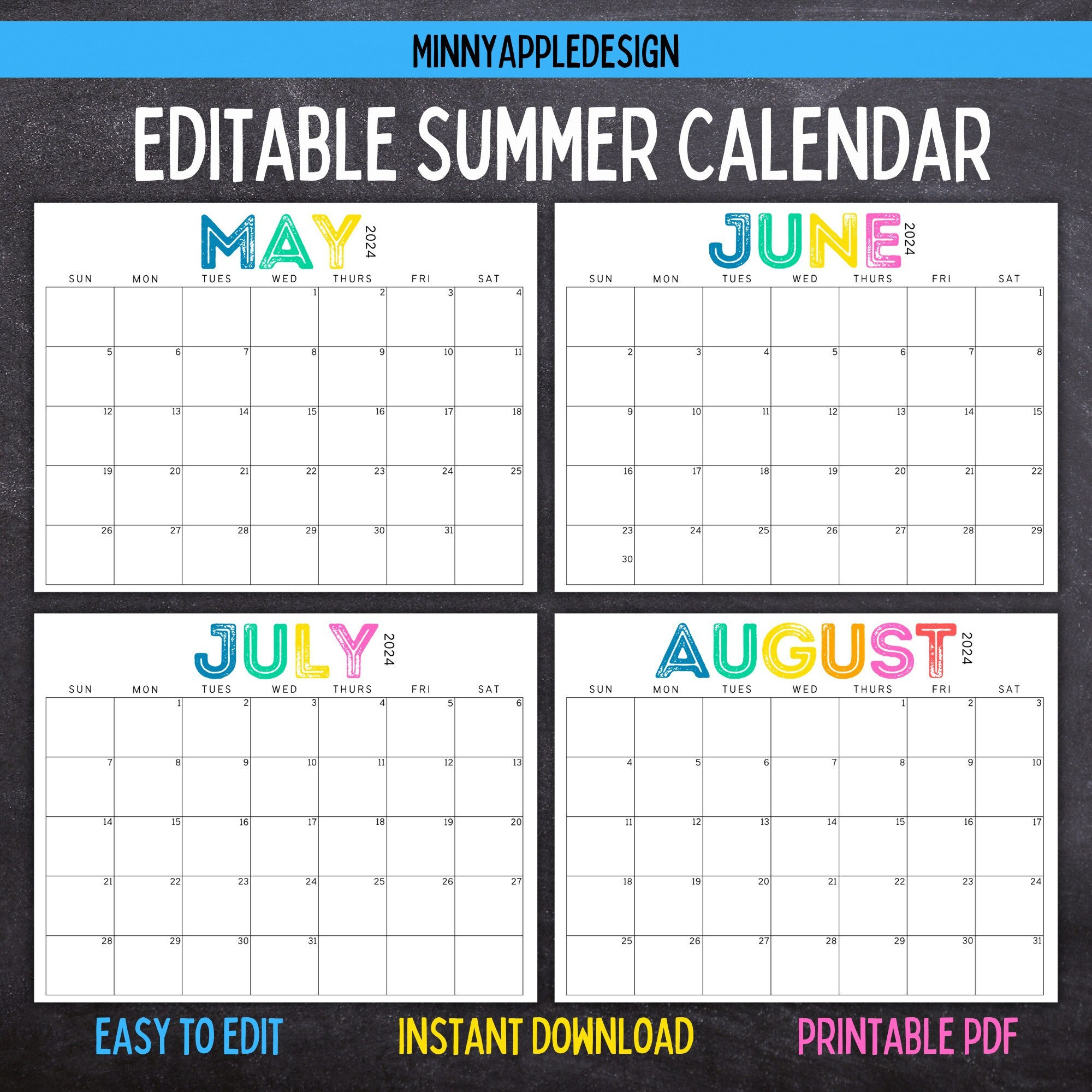 Printable Editable Summer Calendar June, July, August Calendar | June 2024 | July 2024 | August 2024 | Summer Planner | Summer Calendar June July August 2024