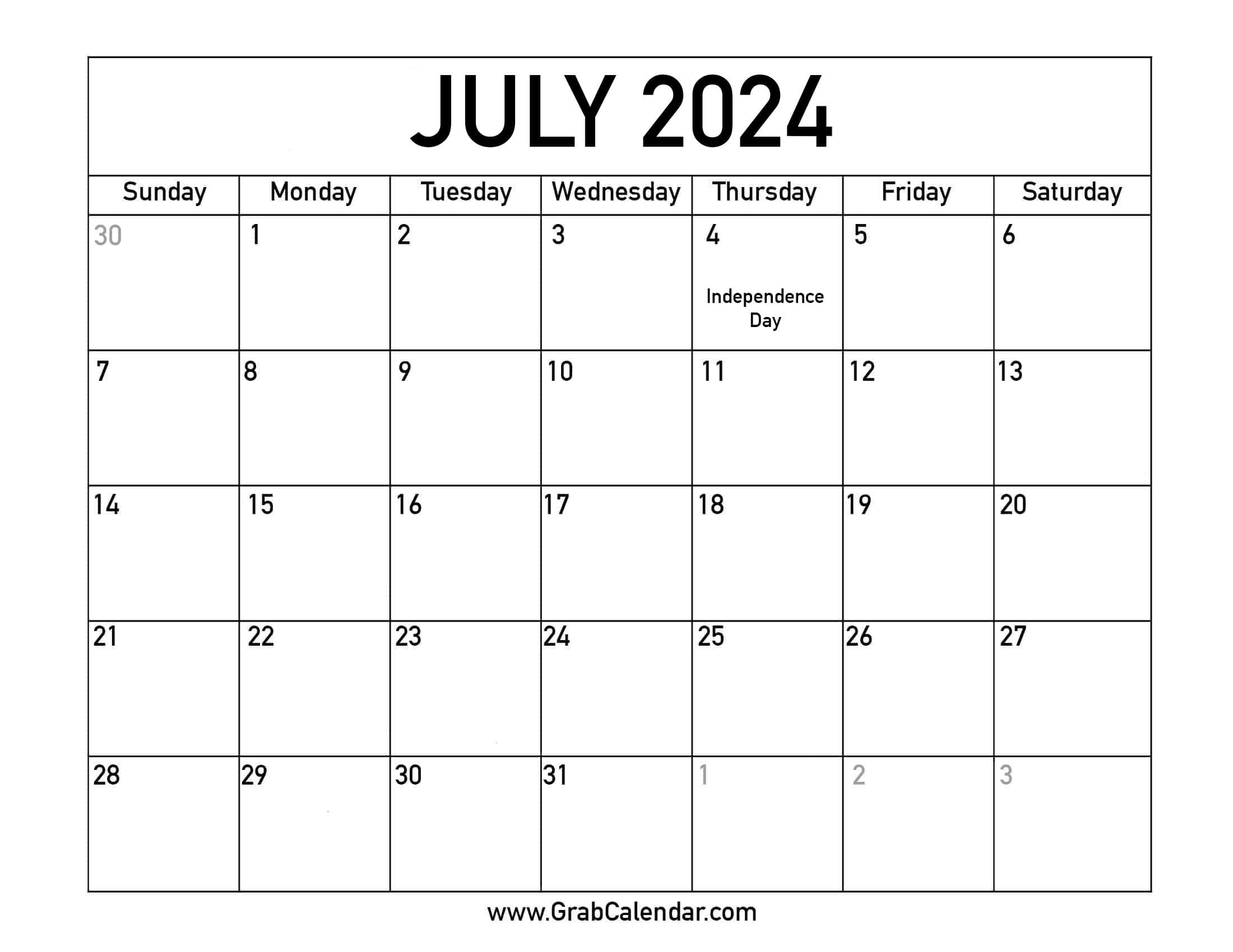 Printable July 2024 Calendar | Holiday Calendar 2024 July