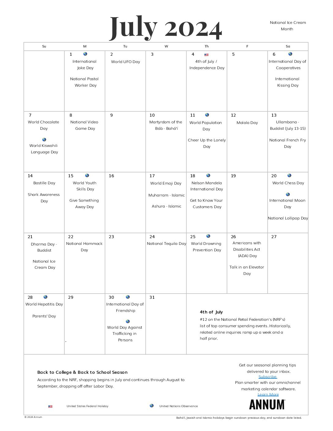 Printable July 2024 Calendar | July Holidays | Annum | Calendar 2024