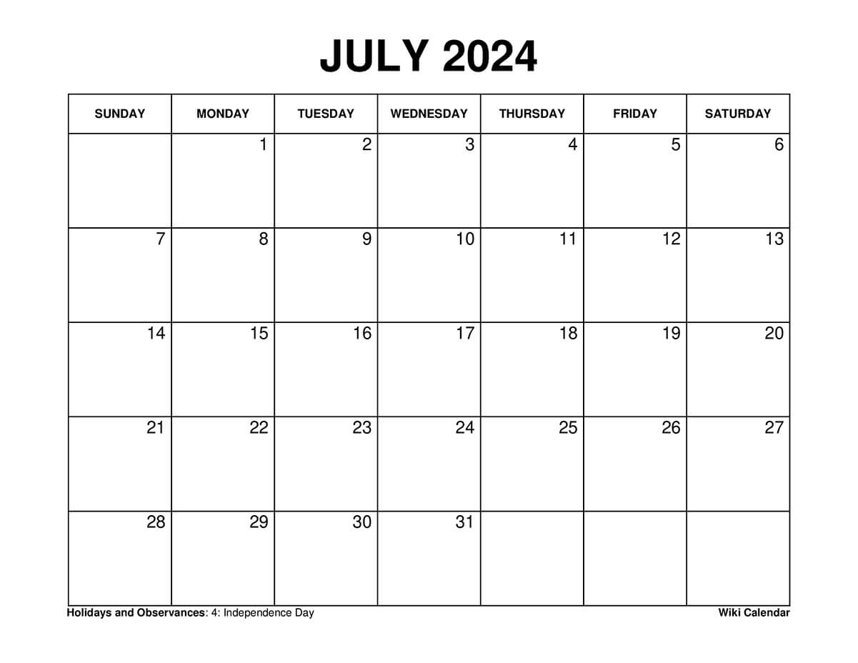 Printable July 2024 Calendar Templates With Holidays | 28 July 2024 Calendar Printable
