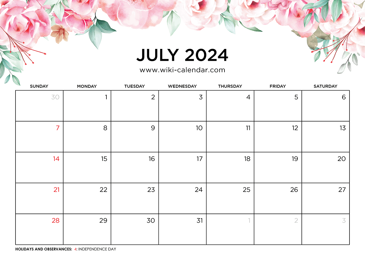 Printable July 2024 Calendar Templates With Holidays | July 2024 Free Calendar