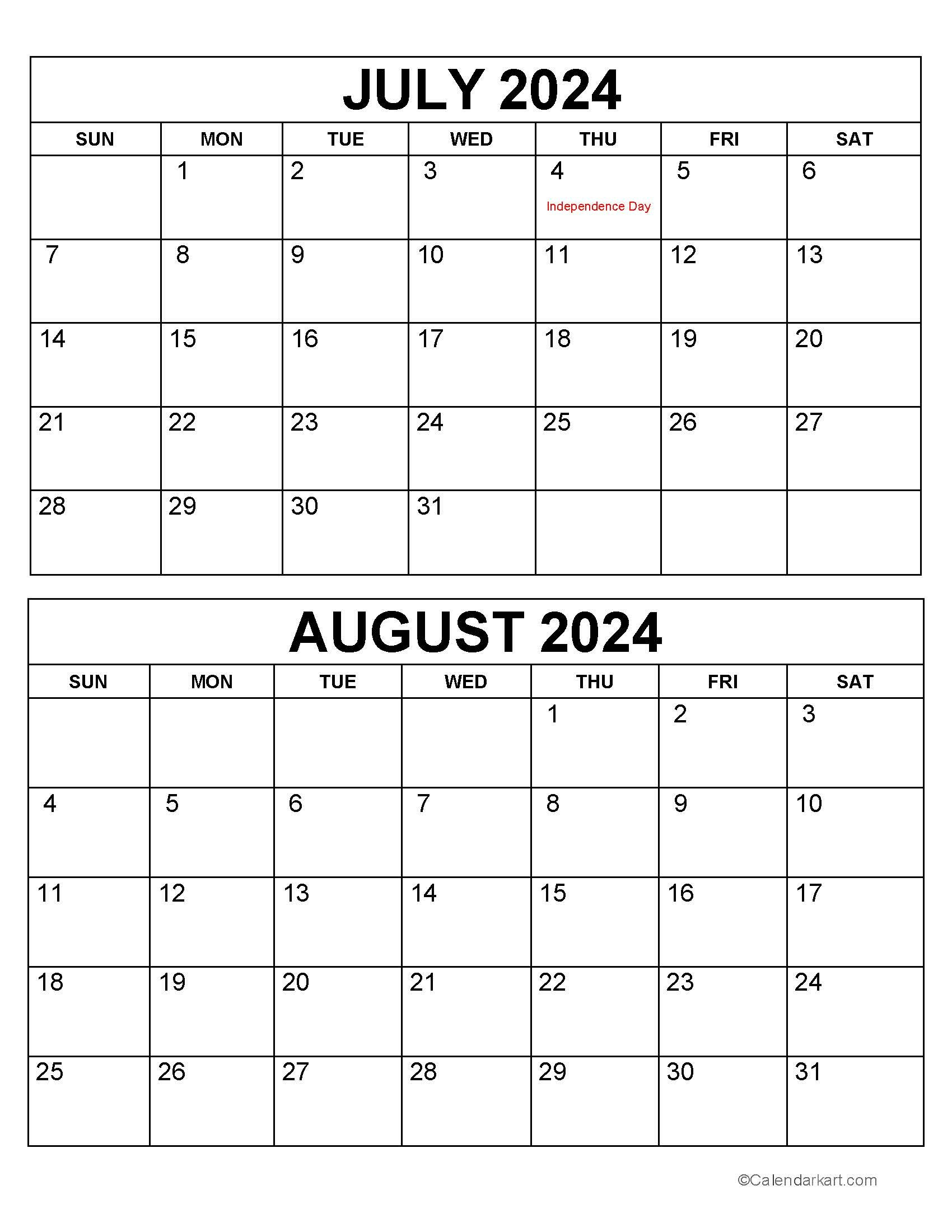 Printable July August 2024 Calendar | Calendarkart | July and Aug 2024 Calendar