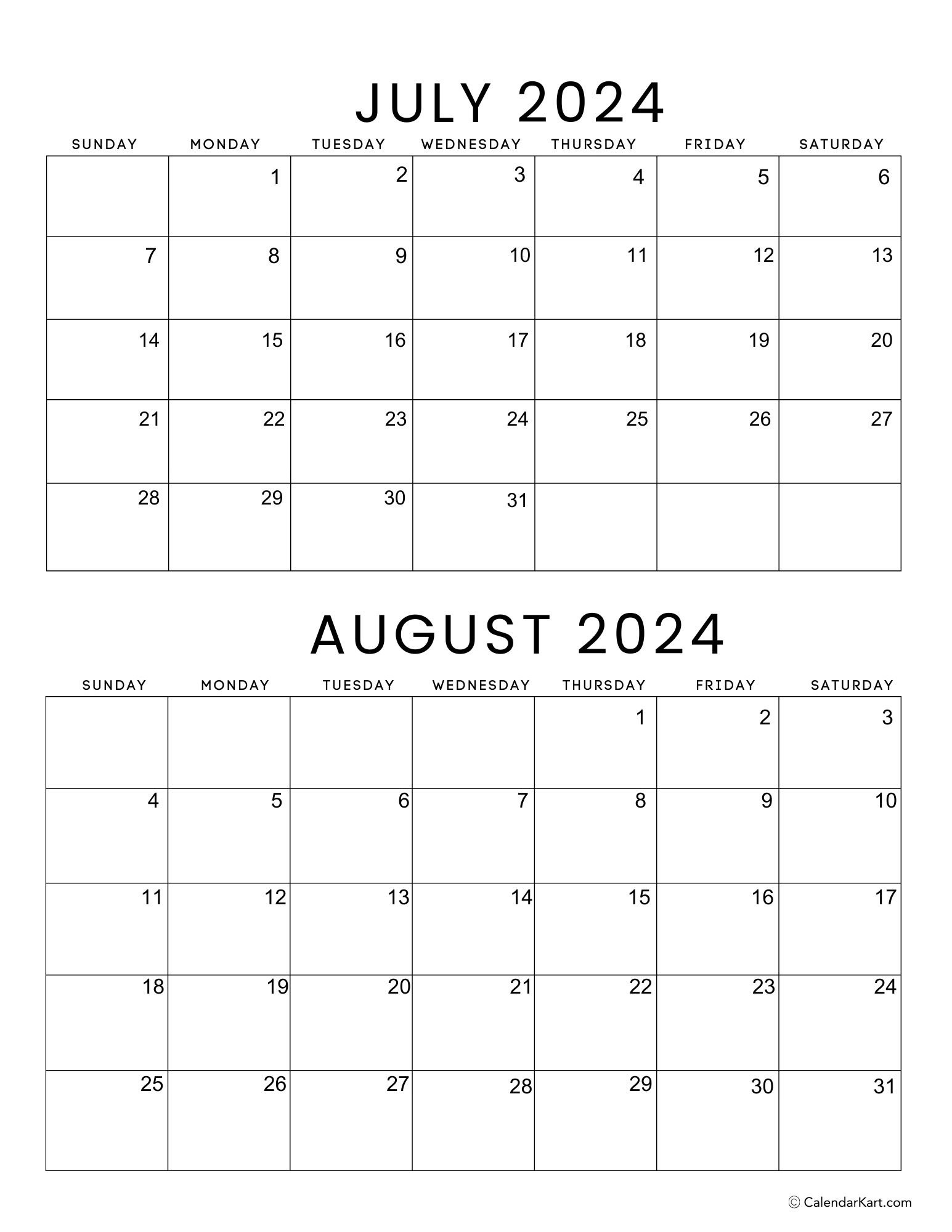 Printable July August 2024 Calendar | Calendarkart | Printable Calendar For July and August 2024