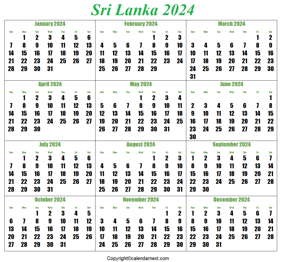 Printable Sri Lanka 2024 Calendar Template With Holidays | Sri Lanka Calendar July 2024