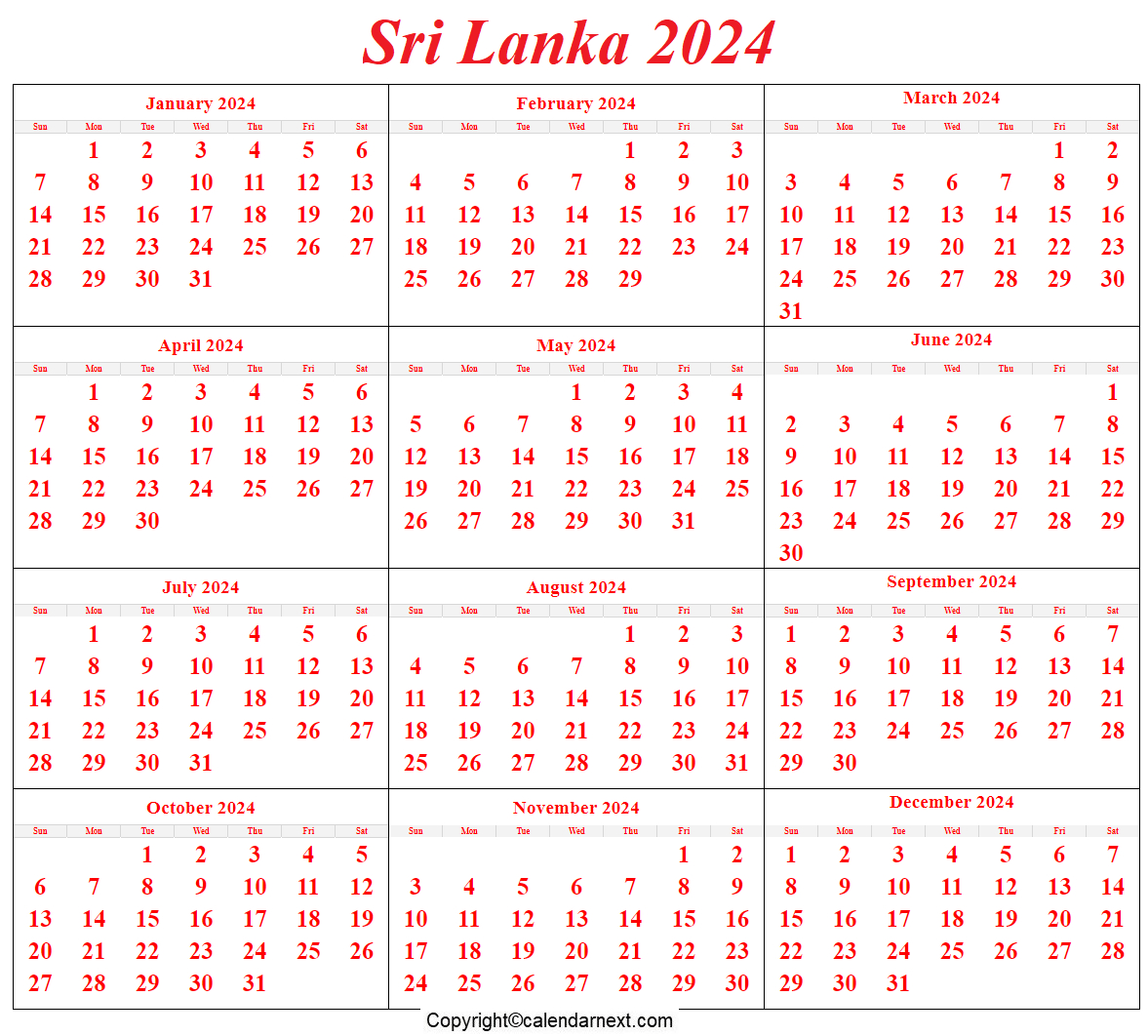 Printable Sri Lanka 2024 Calendar Template With Holidays | Sri Lanka Calendar July 2024