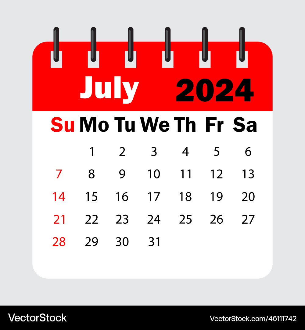 Red Calendar Leaf Spring July 2024 Royalty Free Vector Image | Calendar 2024