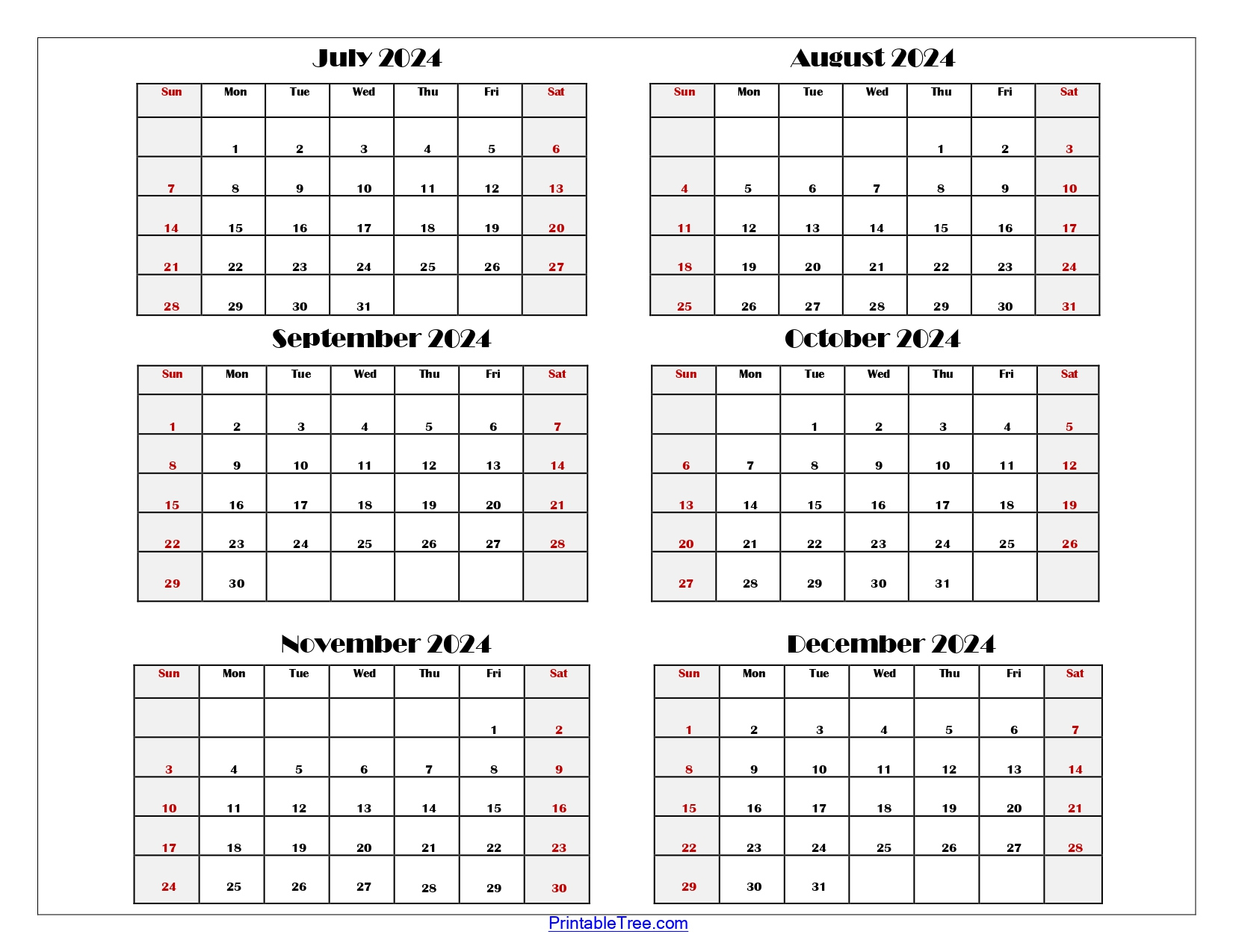 Six Month Calendar 2024 Printable Pdf- 6 Months Calendar Per Page | July Through December 2024 Calendar