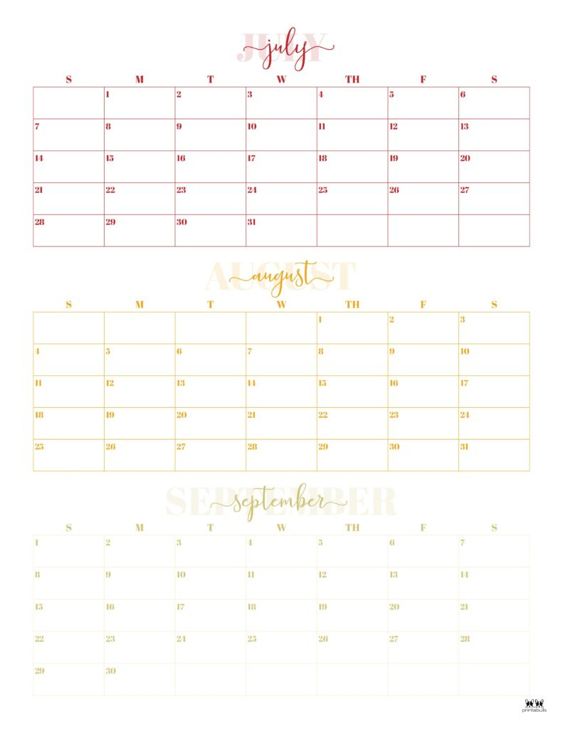 Three Month/Quarterly Calendars - 36 Free Calendars | Printabulls | Three Month Calendar 2024 June July August