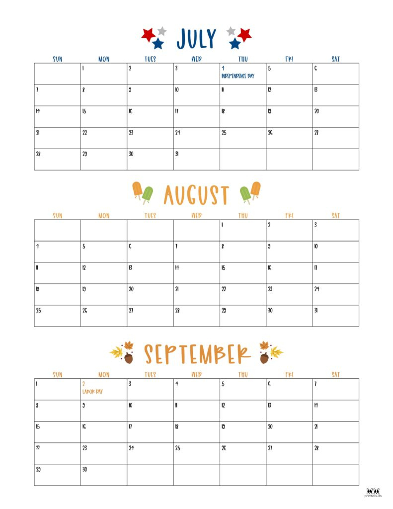 Three Month/Quarterly Calendars - 36 Free Calendars | Printabulls | Three Month Calendar July August September 2024