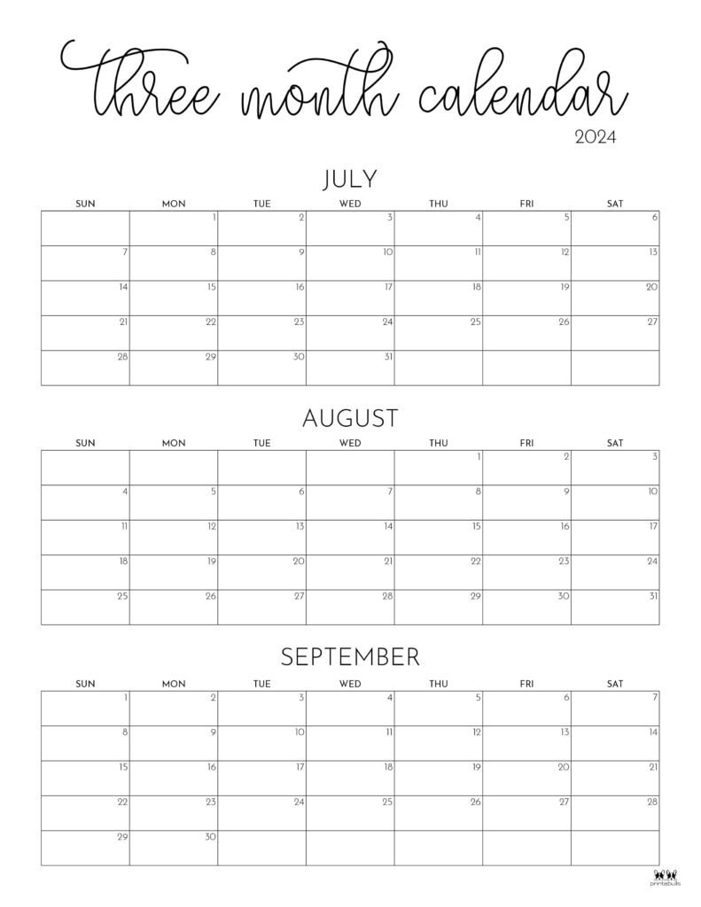 Three Month/Quarterly Calendars - 36 Free Calendars | Printabulls | Three Month Calendar July August September 2024