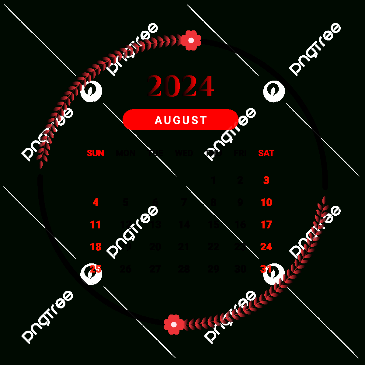 2024 August Month Calendar With Red And Black Floral Design Vector | August Theme Calendar 2024