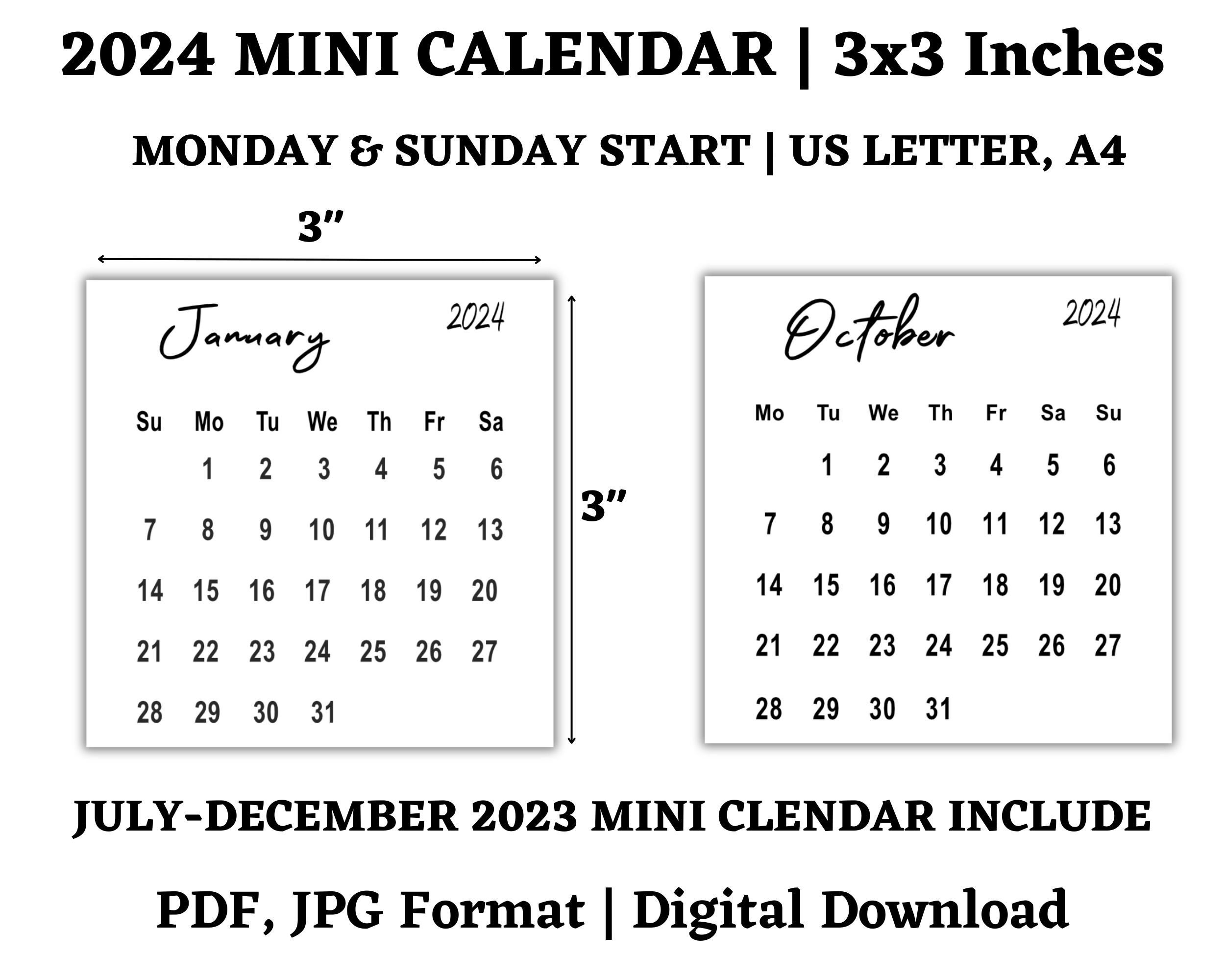 2024 Mini Calendar, July Dec 2023 Included, 3 X3 Inches, Monday | Calendar 2024