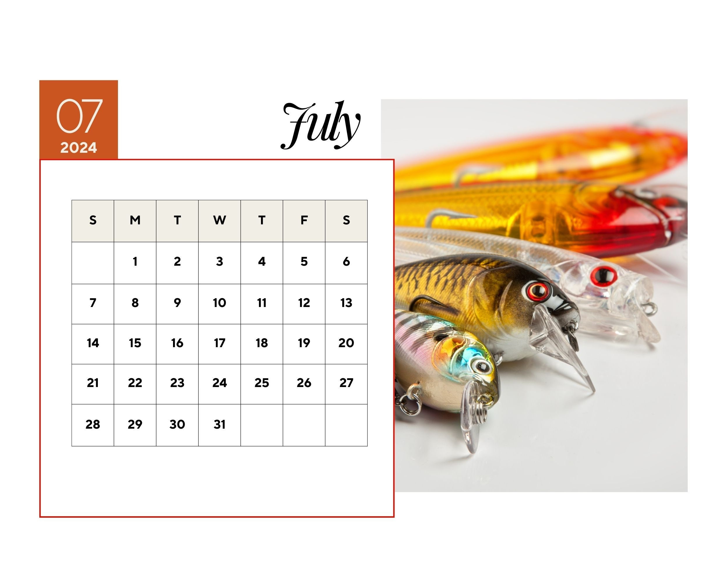 2024 Wall Calendar 2024 Fishing Lure Calendar 2024 Wall Calendar | Fishing Calendar July 2024