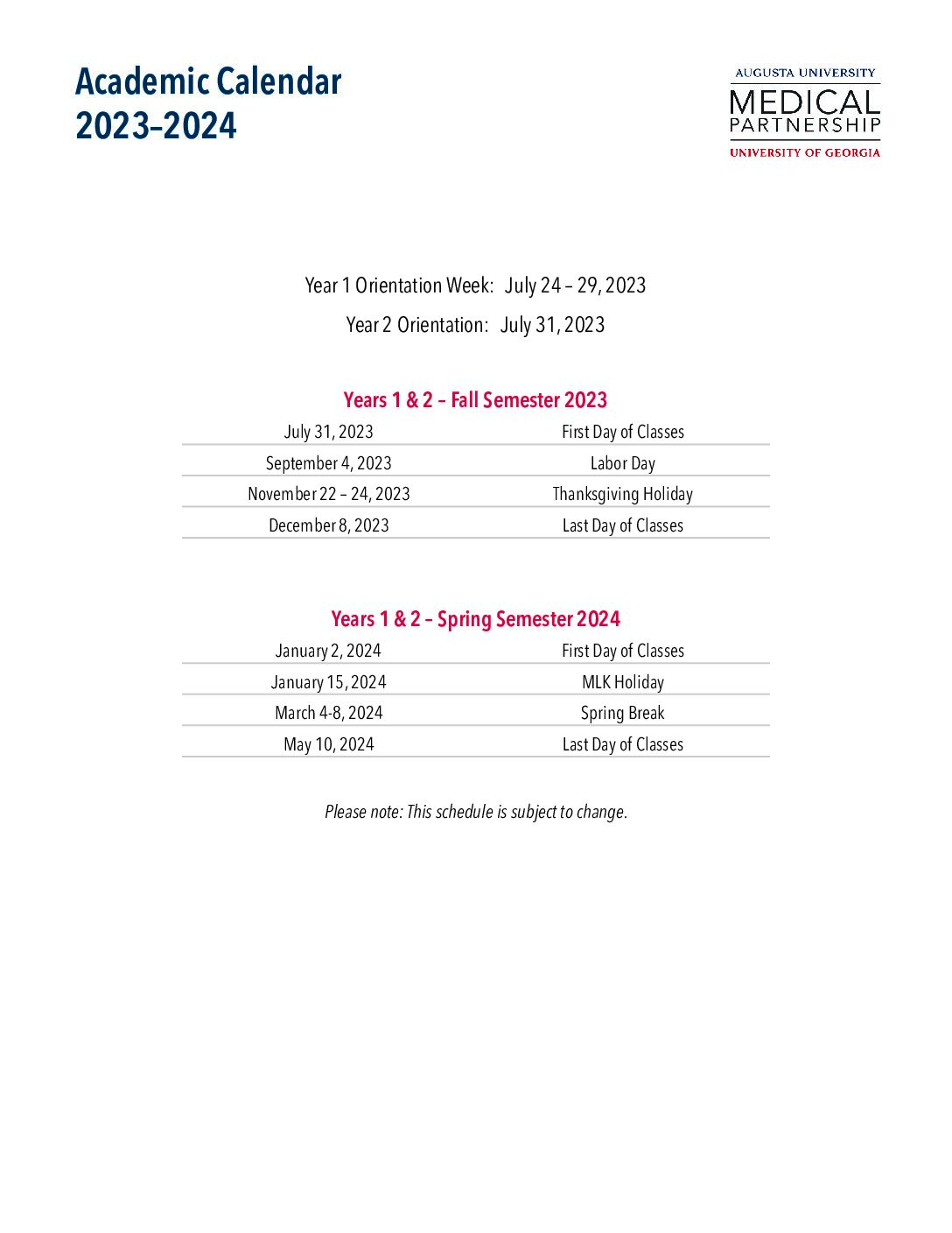 Academic Calendar 2023-24 - Au/Uga Medical Partnership | Augusta University Academic Calendar 2024