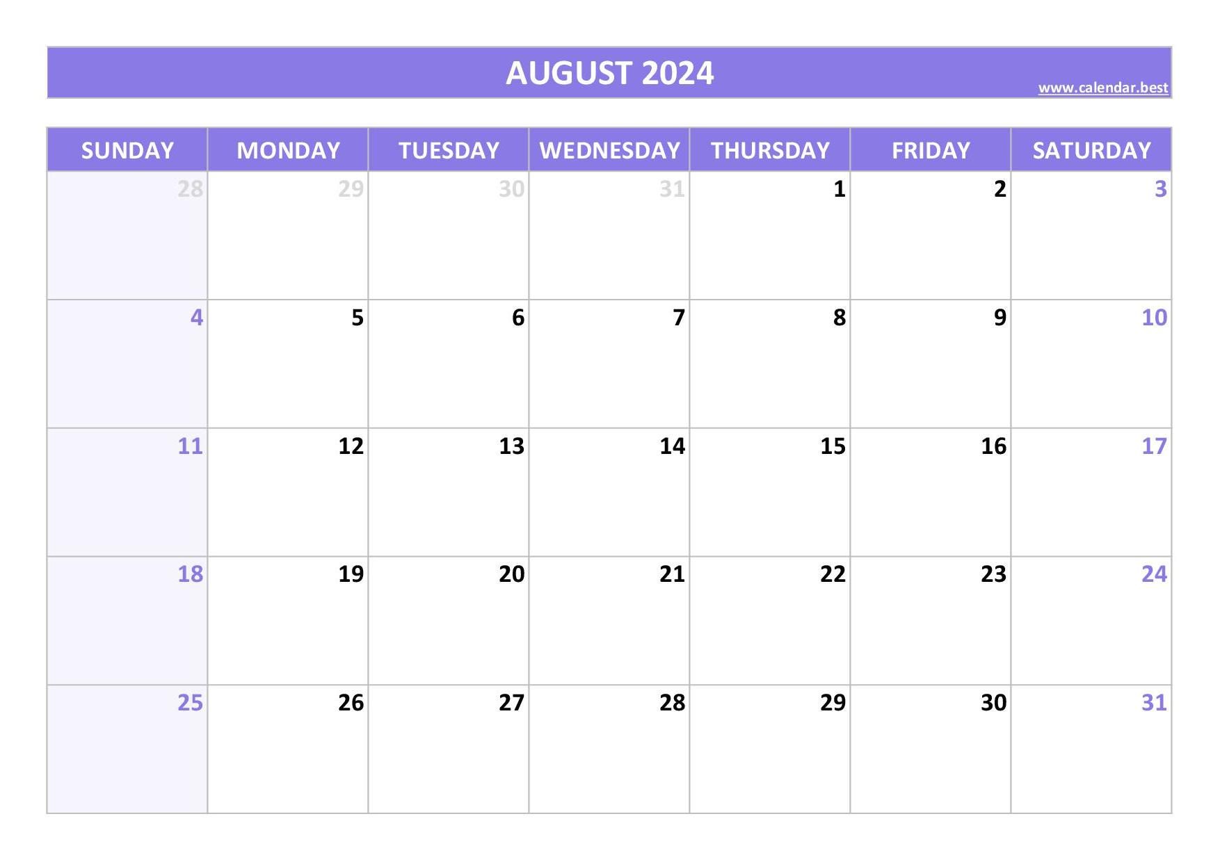 August 2024 Calendar -Calendar.best | Free Printable Editable August 2024 Calendar