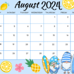 August 2024 Calendar With Flamingo In Multicolored Cartoon Style | August Calendar Clipart 2024