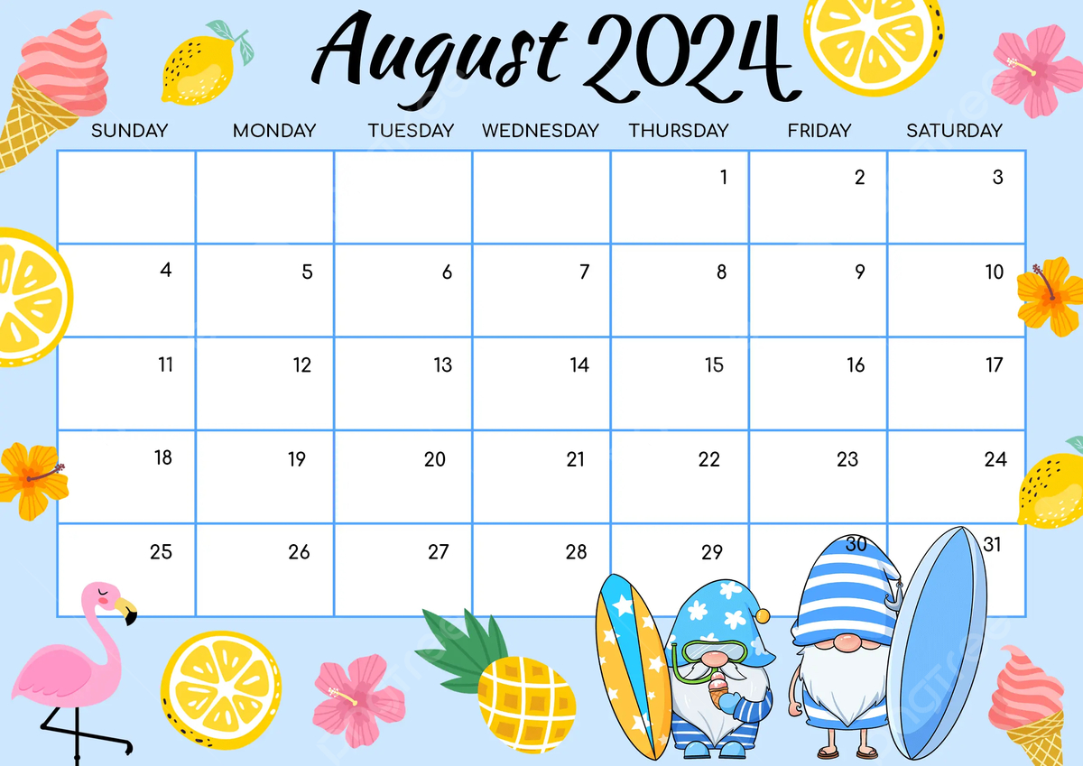 August 2024 Calendar With Flamingo In Multicolored Cartoon Style | Calendar 2024