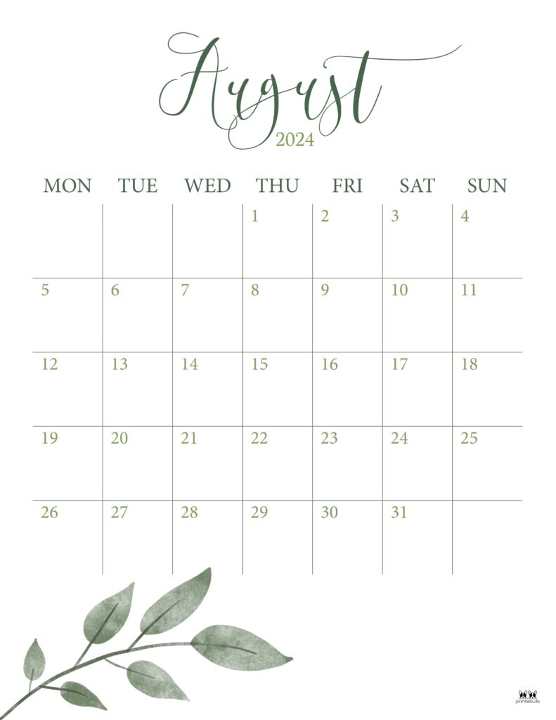 August 2024 Calendars - 50 Free Printables | Printabulls | Aesthetic August Calendar 2024