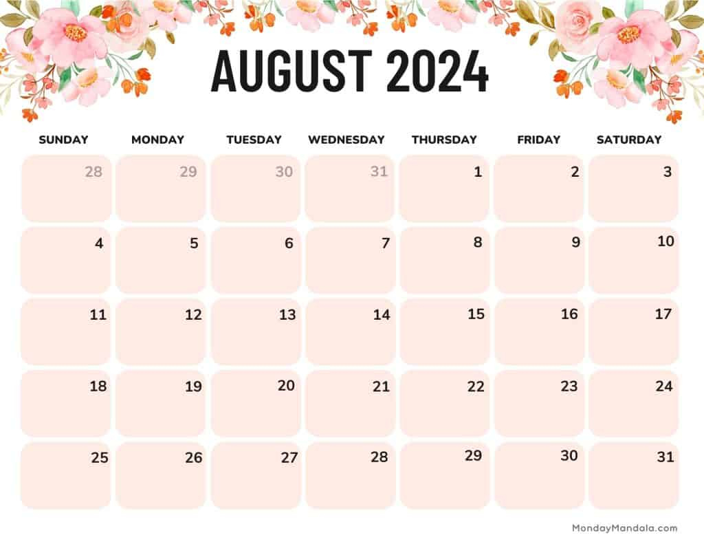 August 2024 Calendars (52 Free Pdf Printables) | August 2024 Calendar Printable Landscape