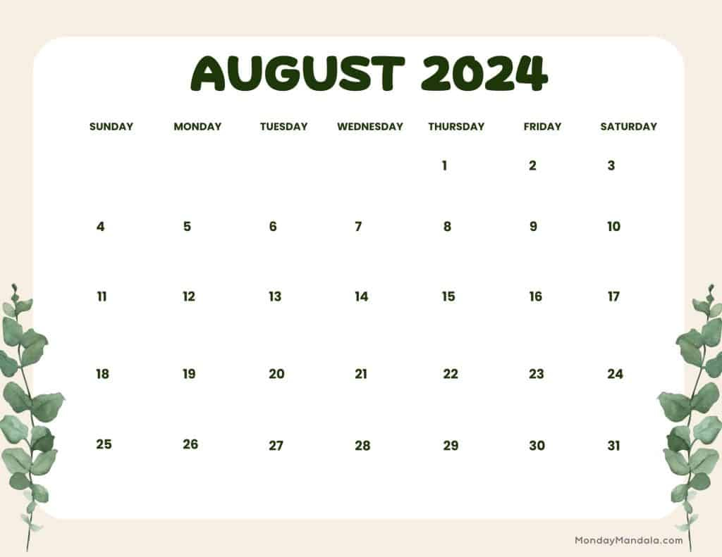 August 2024 Calendars (52 Free Pdf Printables) | August 2024 Calendar Printable Landscape