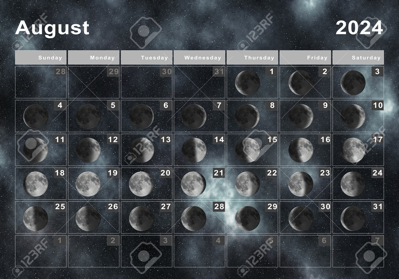 August 2024 Lunar Calendar, Moon Cycles, Moon Phases Stock Photo | August 2024 Moon Calendar