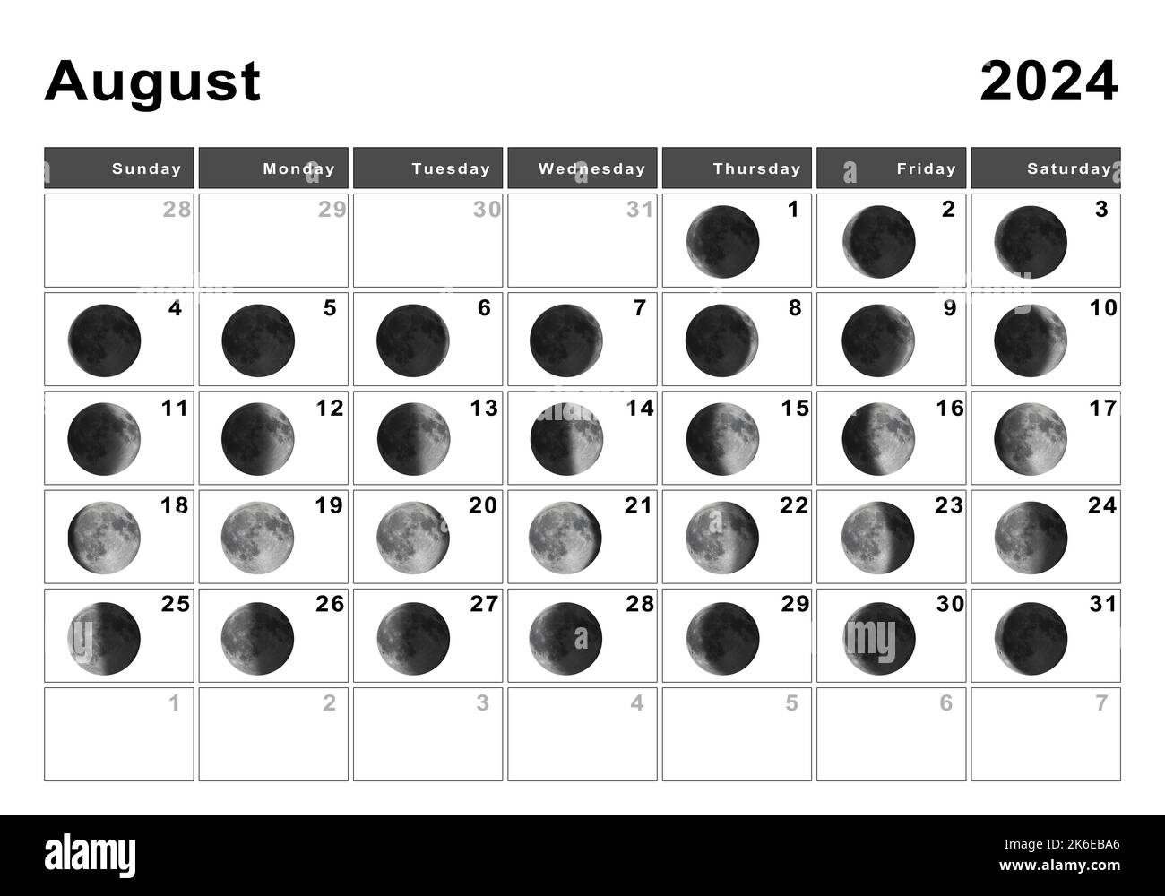 August 2024 Lunar Calendar, Moon Cycles, Moon Phases Stock Photo | August 2024 Moon Phase Calendar