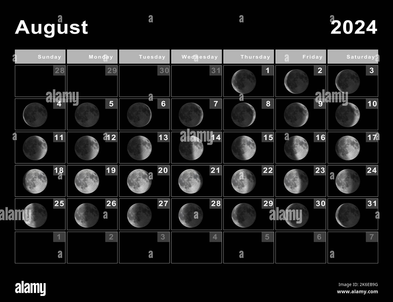 August 2024 Lunar Calendar, Moon Cycles, Moon Phases Stock Photo | August 2024 Moon Phase Calendar