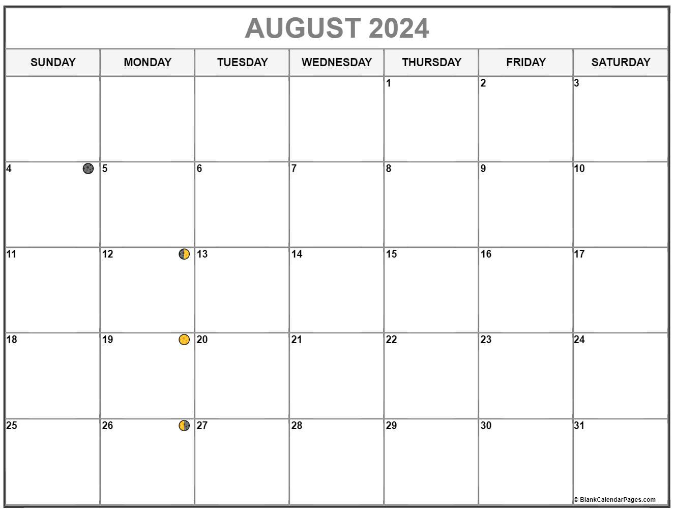 August 2024 Lunar Calendar | Moon Phase Calendar | August Calendar Moon 2024