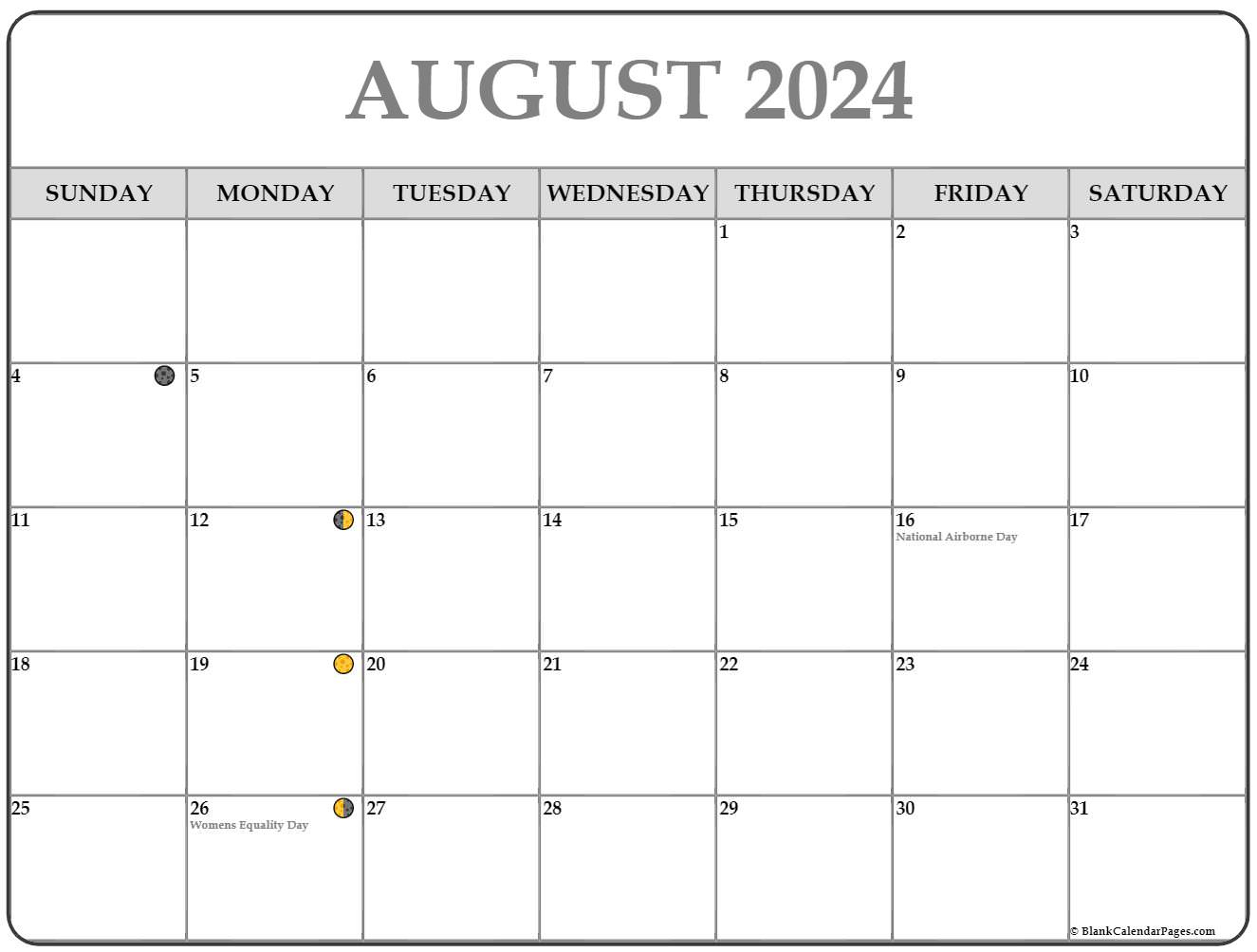 August 2024 Lunar Calendar | Moon Phase Calendar | Moon Calendar August 2024