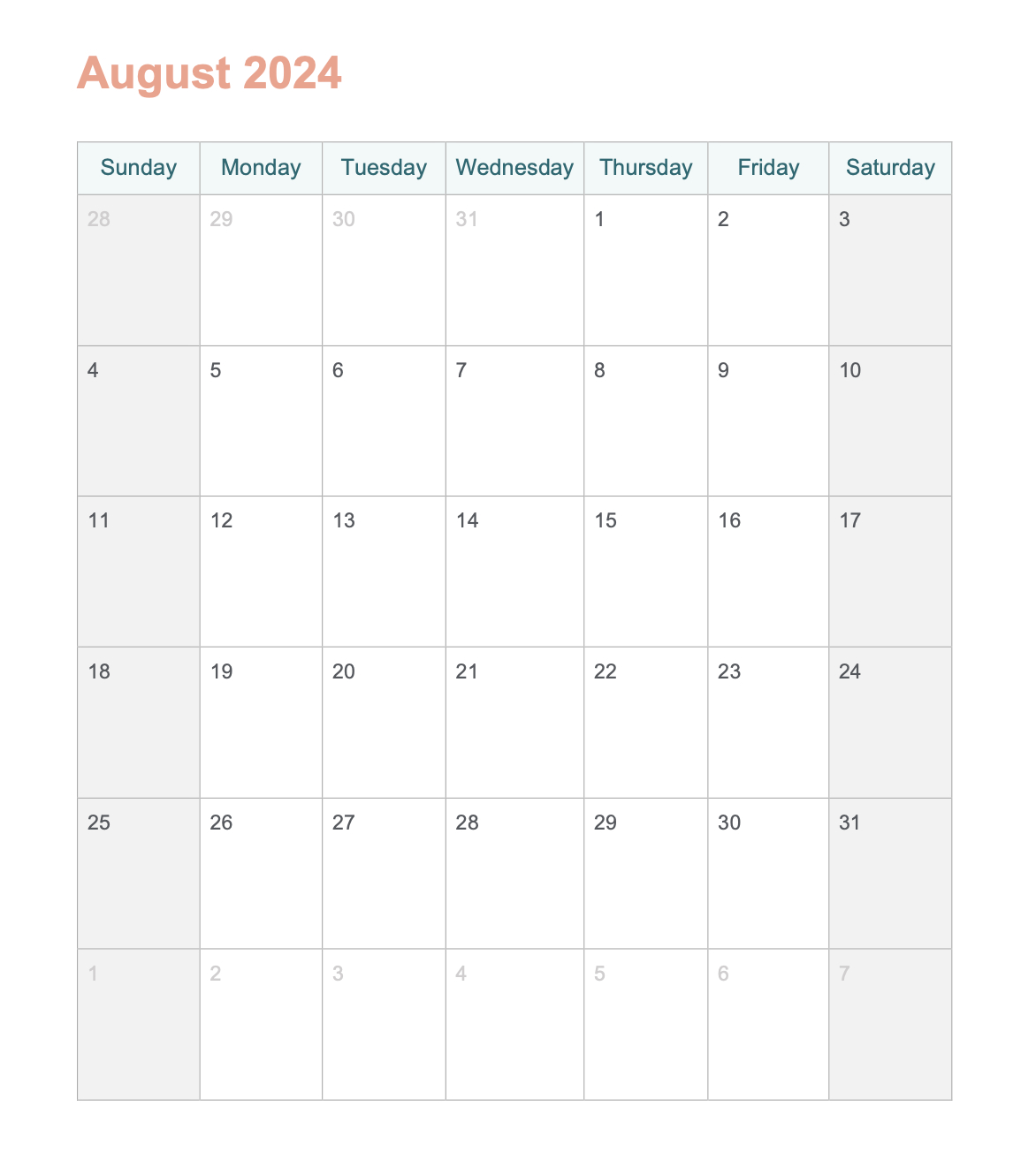 August 2024 Printable Calendar With Word - Agendrix | August 2024 Calendar Printable Word