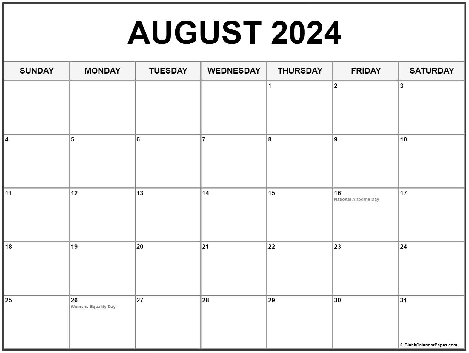 August 2024 With Holidays Calendar | August 2024 Calendar With Holidays