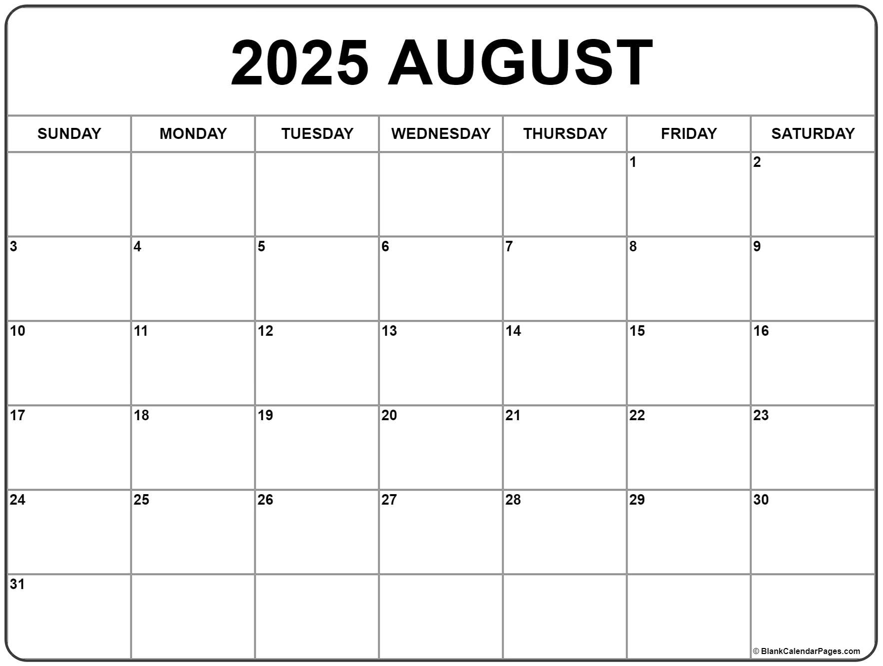 August 2025 Calendar | Free Printable Calendar | August 2025 Printable Calendar