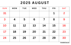 August 2025 Calendar Printable Pdf Template With Holidays | August 2025 Calendar Printable