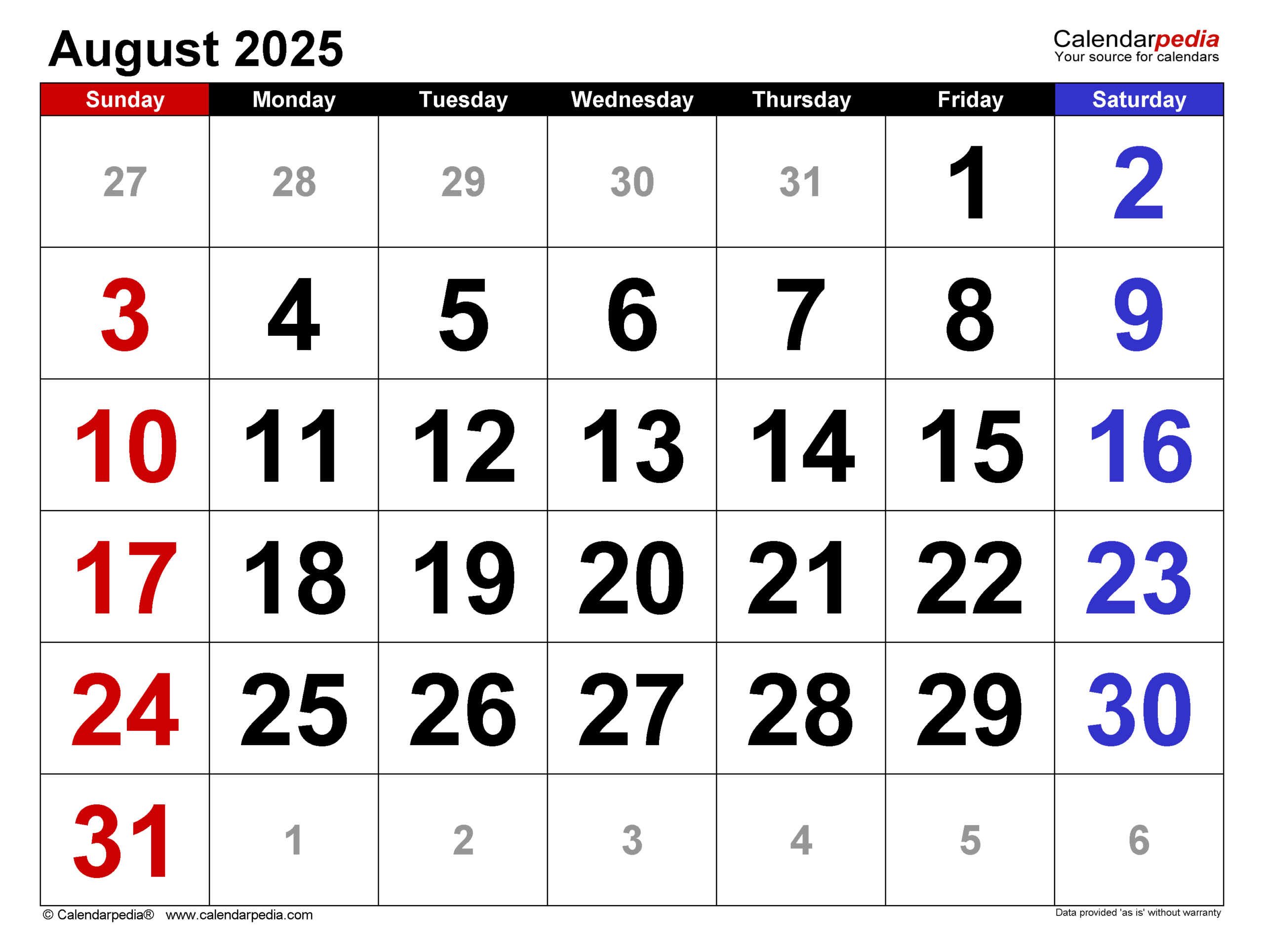 August 2025 Calendar | Templates For Word, Excel And Pdf | August 2025 Printable Calendar