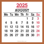 August 2025 Monthly Calendar, Printable Free, Beige, Monday Start |  Calendar 2024