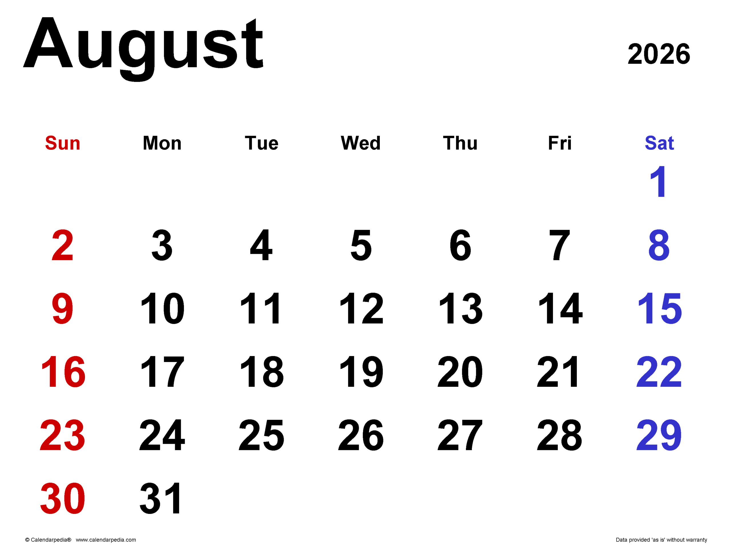 August 2026 Calendar | Templates For Word, Excel And Pdf | August 2026 Calendar