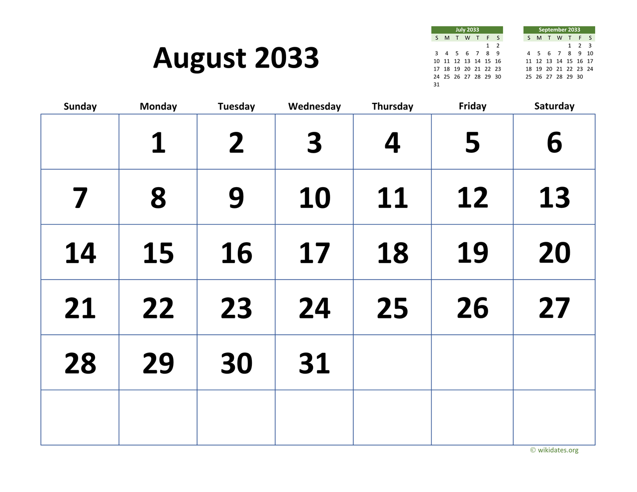 August 2033 Calendar With Extra-Large Dates | Wikidates | Calendar 2024