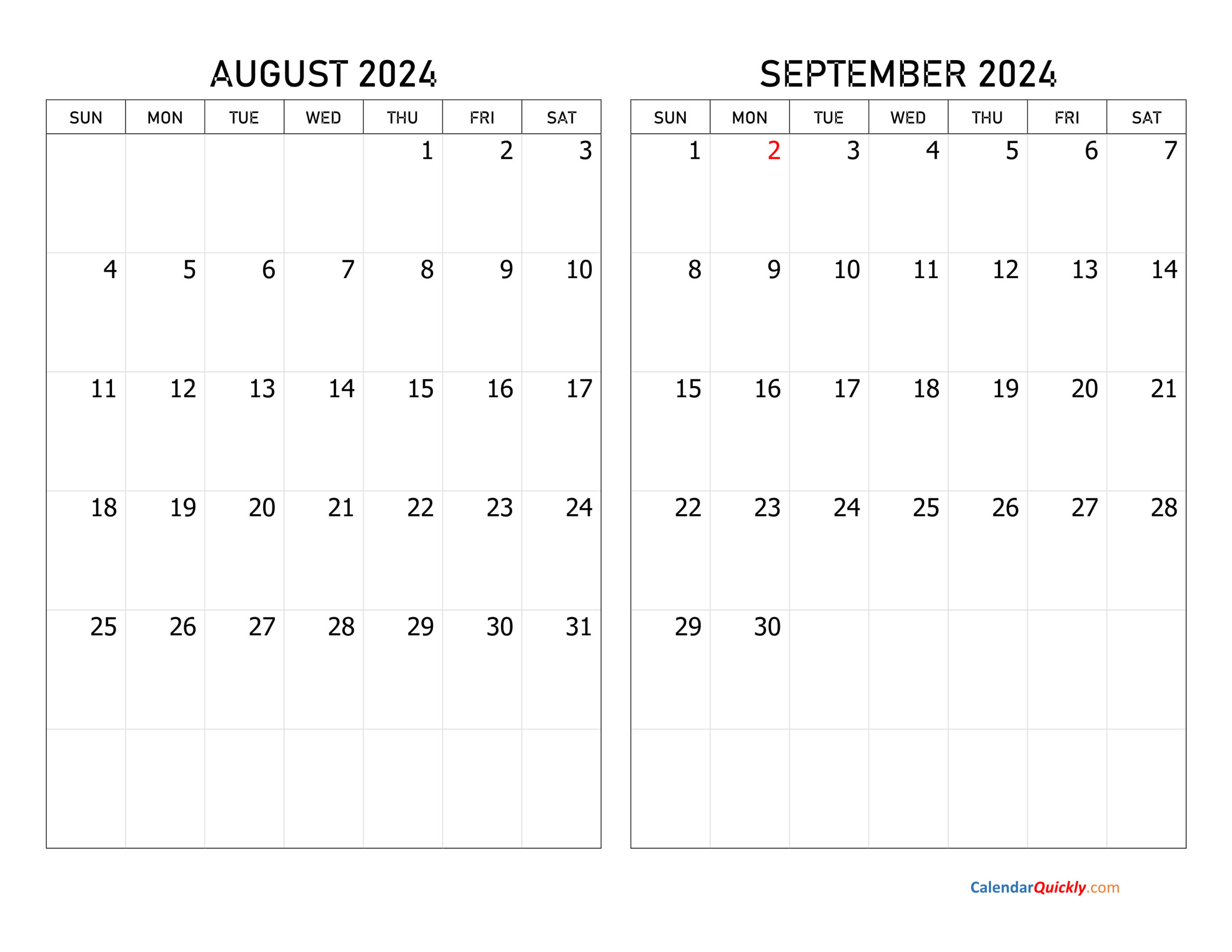 August And September 2024 Calendar | Calendar Quickly | August and September 2024 Calendar Printable