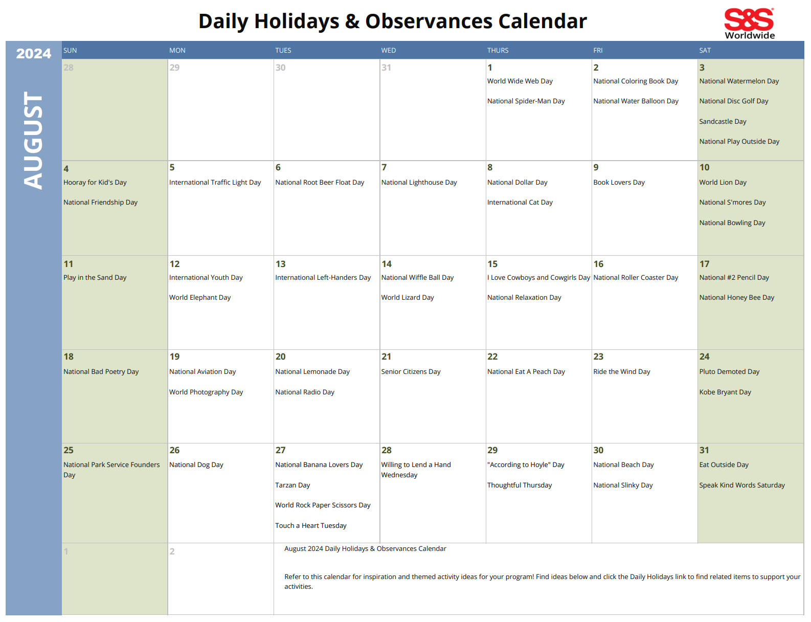 August Daily Holidays &amp;amp; Observances Printable Calendar - S&amp;amp;S Blog | Calendar 2024