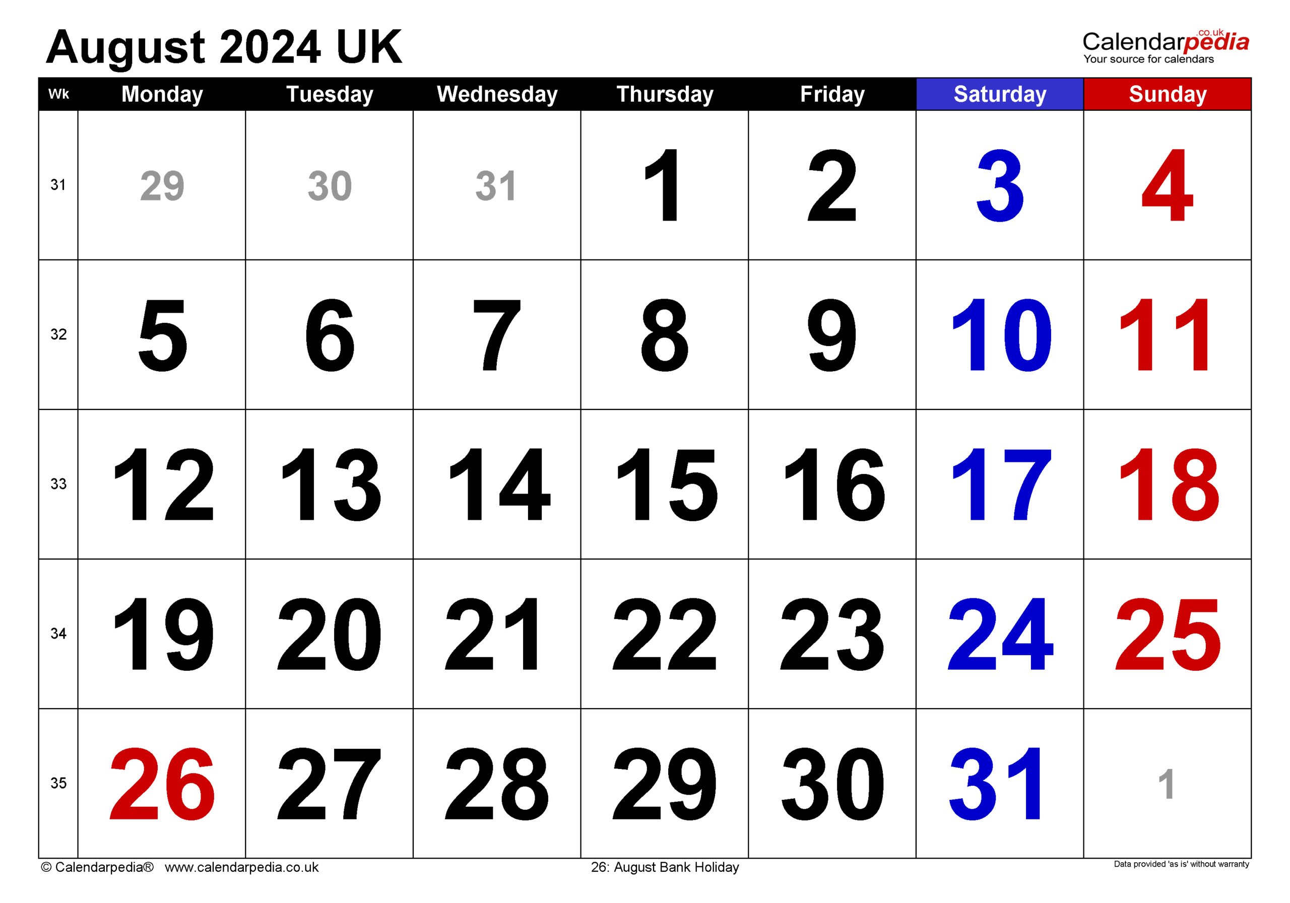 Calendar August 2024 Uk With Excel, Word And Pdf Templates | Calendar 2024