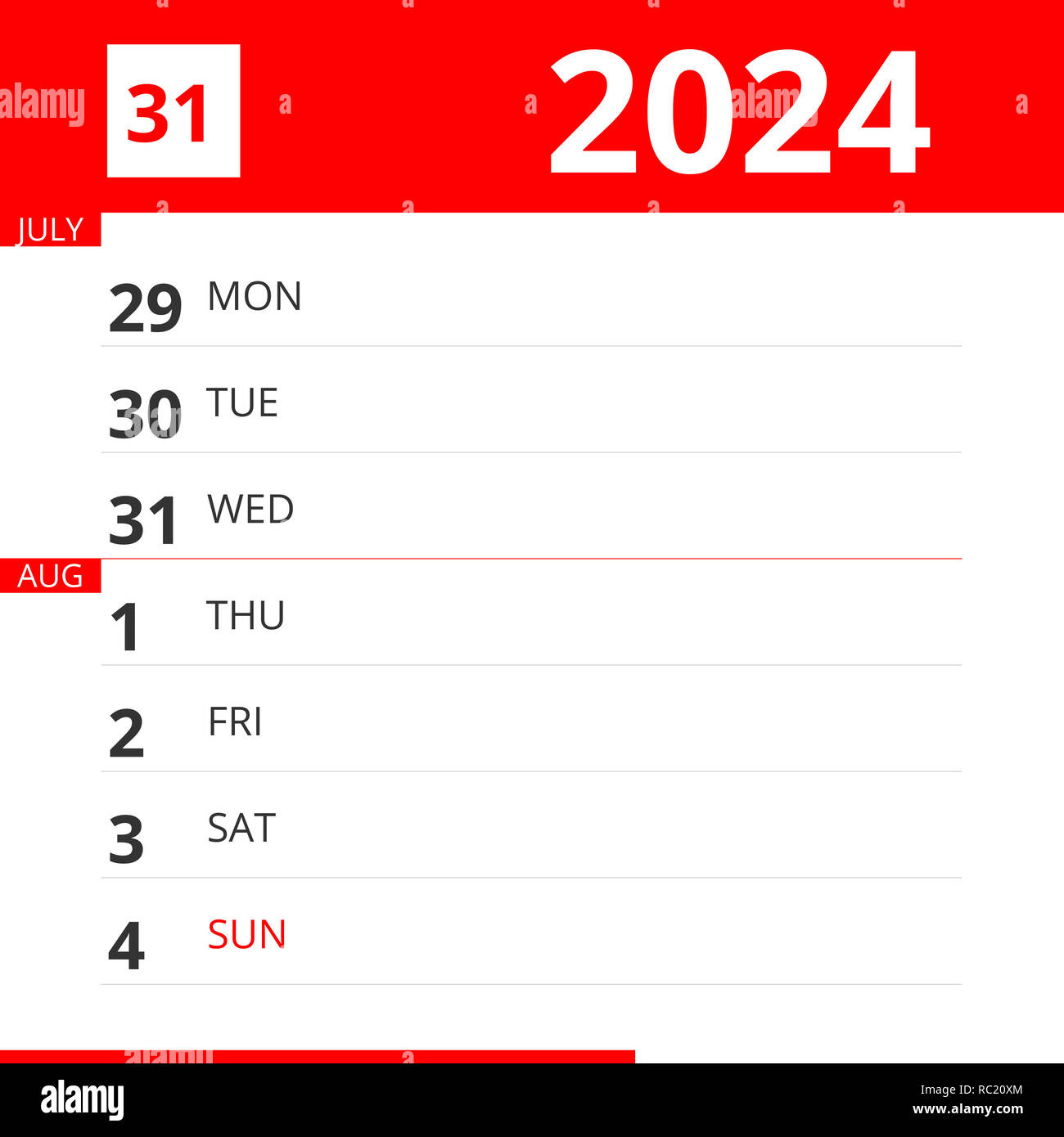 Calendar Planner For Week 31 In 2024, Ends August 4, 2024 Stock | Calendar 2024