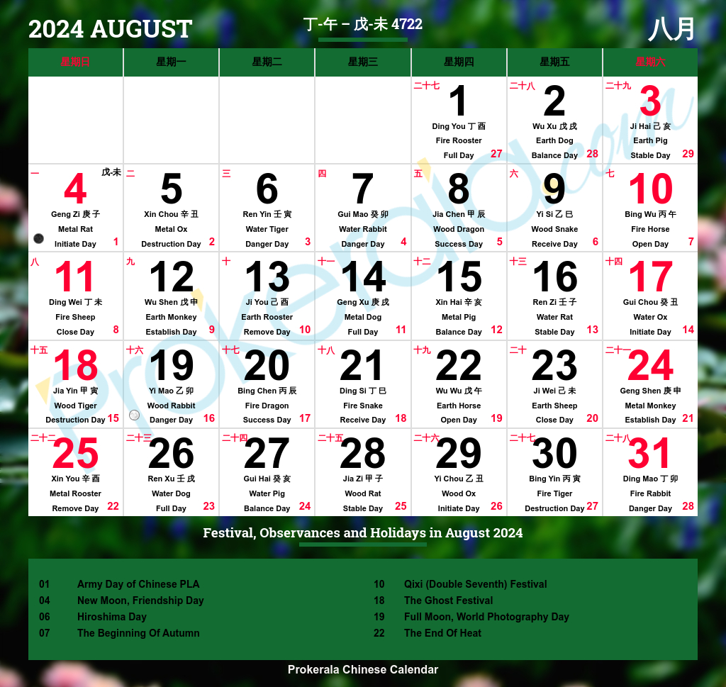 Chinese Calendar 2024 | Festivals | Holidays 2024 | August Lunar Calendar 2024