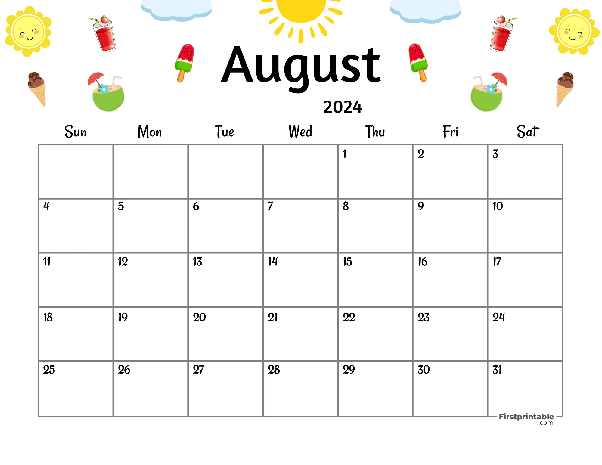 August Themed Calendar 2024 Calendar 2024 Printable Calendar 2024