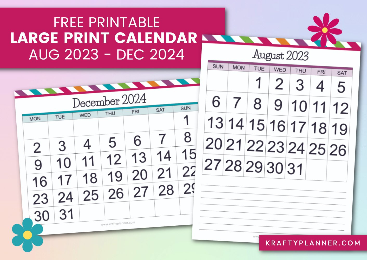 Free Printable Large Print Calendars: August 2023 - December 2024 | Printable Calendar August to December 2024