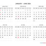 January To June 2024 Calendar Horizontal | Calendar Quickly | January Through June 2024 Calendar