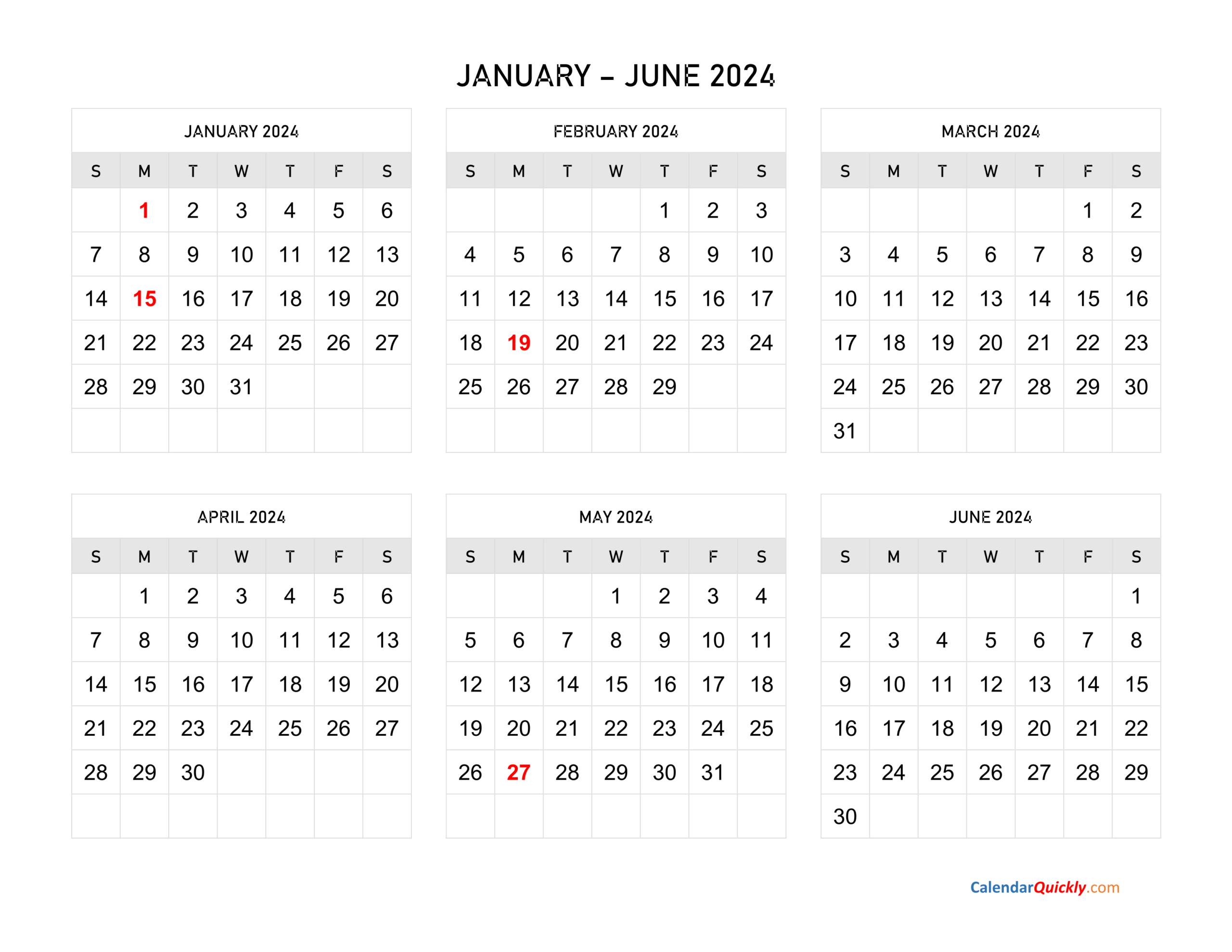 January To June 2024 Calendar Horizontal | Calendar Quickly | January Through June 2024 Calendar