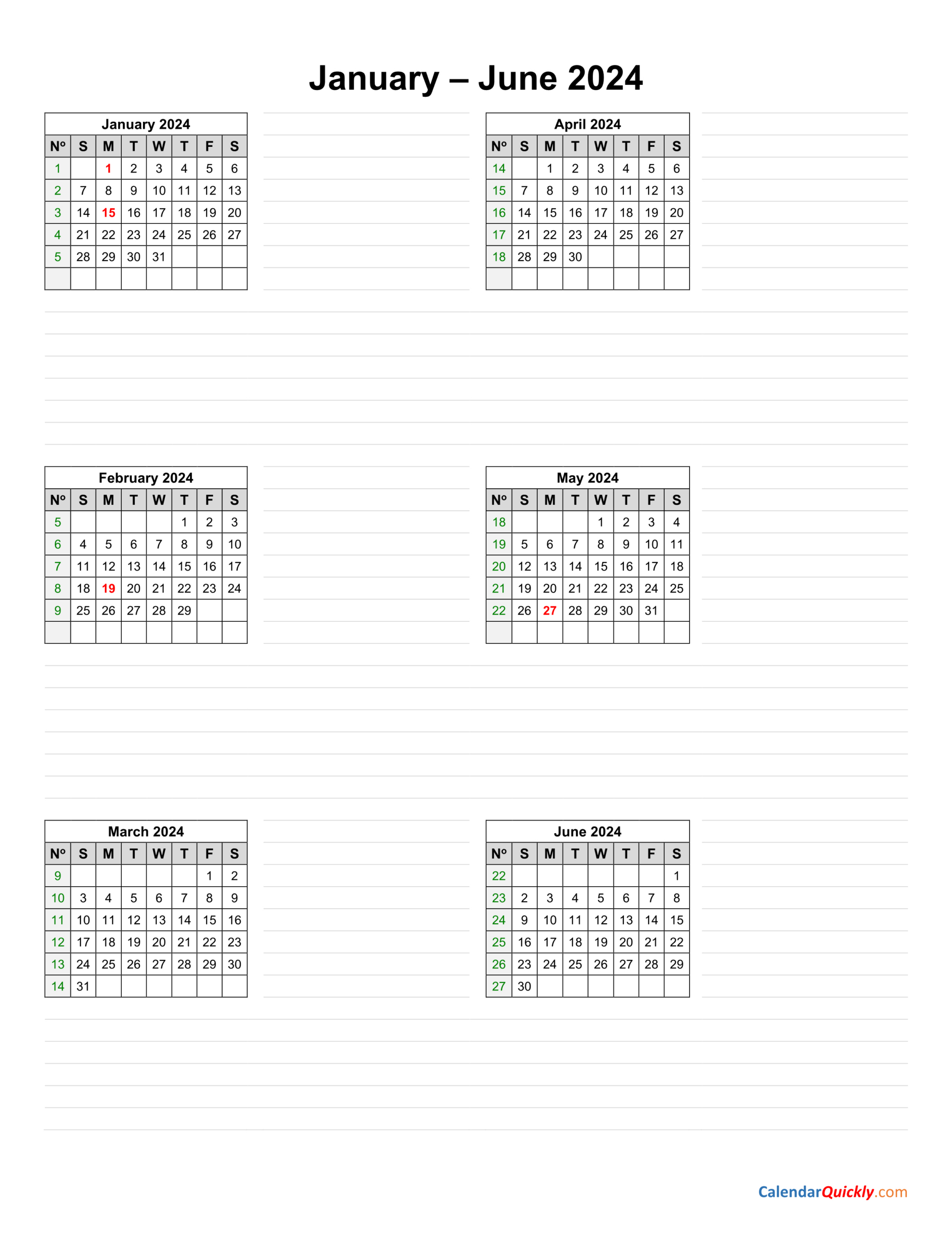 January To June 2024 Calendar Vertical | Calendar Quickly | January Through June 2024 Calendar