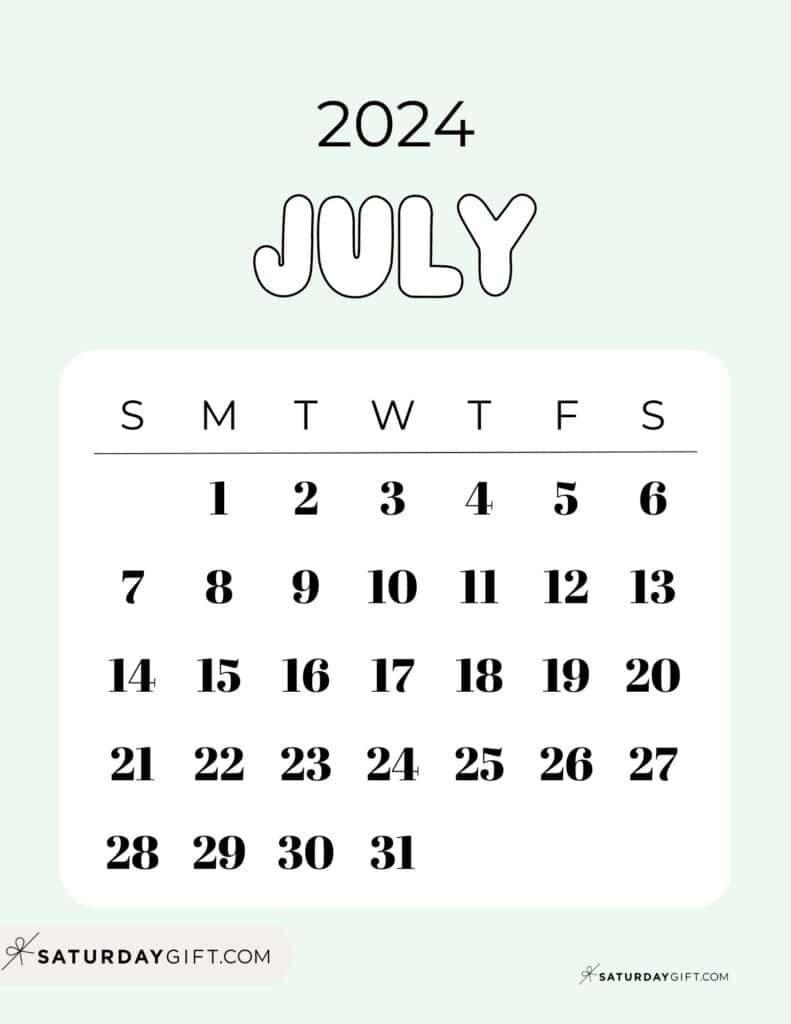 July 2024 Calendar - 20 Cute &amp;amp; Free Printables | Saturdaygift | 21St July 2024 Calendar Printable